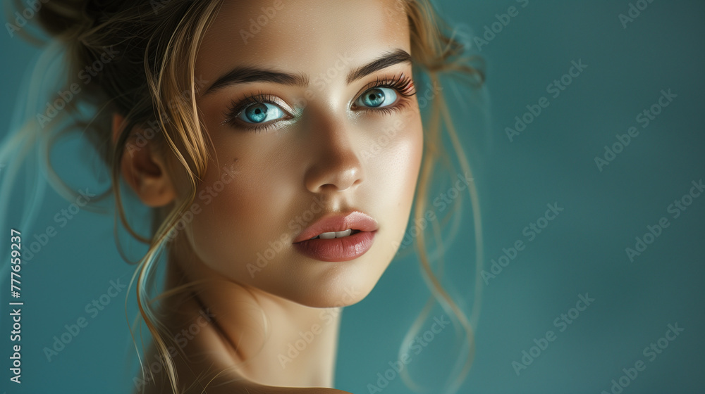 In a studio, a young woman with blue eyes and blonde hair poses for a portrait, highlighting her flawless skin and natural beauty. In a studio, a young woman with blue eyes and blonde hair poses for a portrait, highlighting her flawless skin and natural beauty.