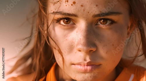 Young youthfull athlete looking serious with hair blowing. Slow motion