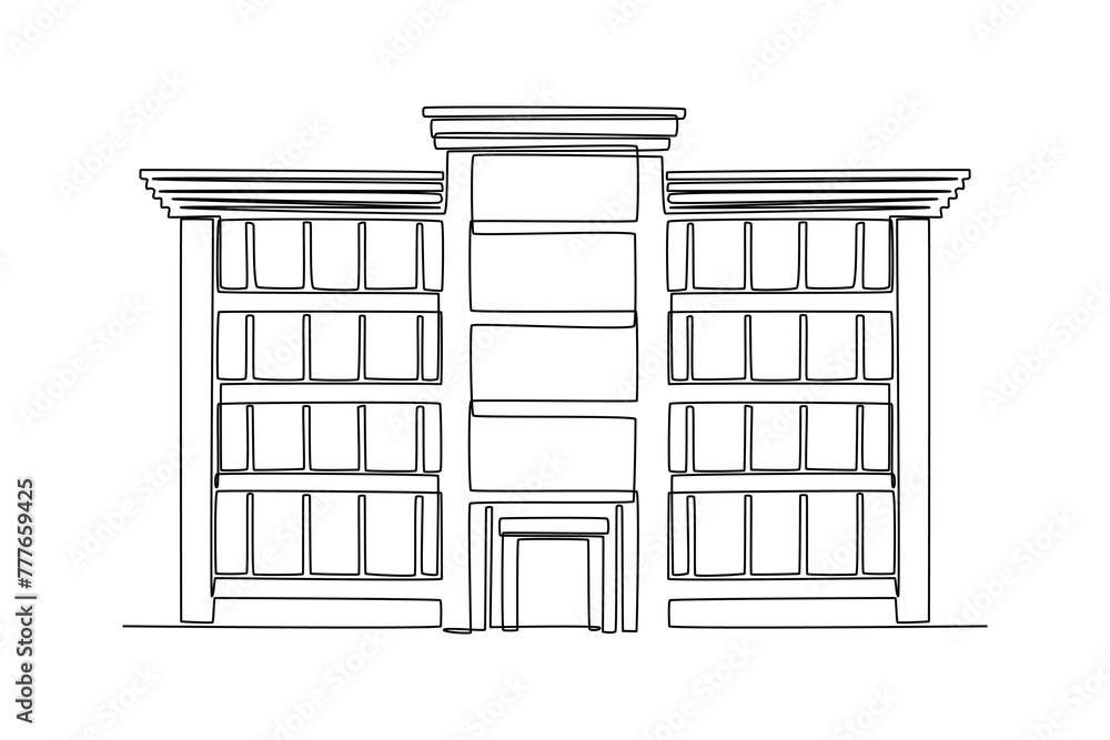 Single continuous line drawing of office building with reflection. Home architectural building isolated minimalism concept. Dynamic one line draw graphic design vector illustration on white background Single continuous line drawing of office building with reflection. Home architectural building isolated minimalism concept. Dynamic one line draw graphic design vector illustration on white background