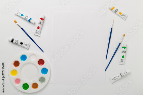 Painting tools on white background, top, view