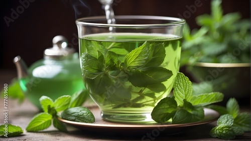 Close-up of mint tea with fresh leaves