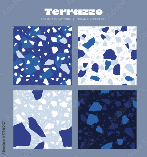 Terrazzo ice white blue coloured seamless pattern background 4 pack