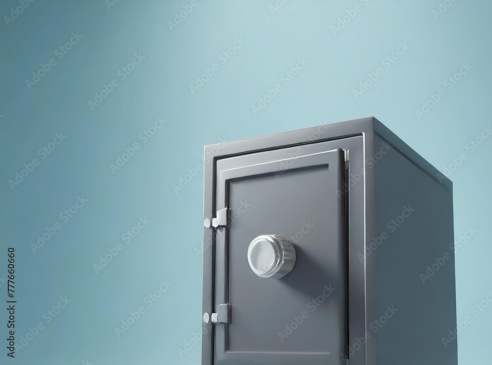3d rendering image of a dark gray safe box in the center in the air of an empty light blue room.3 3d rendering image of a dark gray safe box in the center in the air of an empty light blue room.3