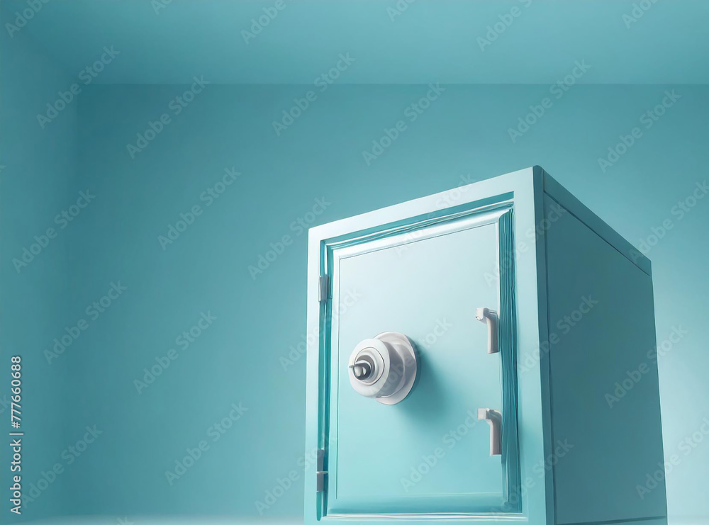 3d rendering image of a dark gray safe box in the center in the air of an empty light blue room.3 3d rendering image of a dark gray safe box in the center in the air of an empty light blue room.3