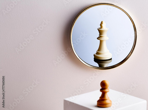 3d render, chess game white pawn piece stands in front of the round mirror with reflection of white queen. Contradiction metaphor. Ambitions concept. Minimalist composition