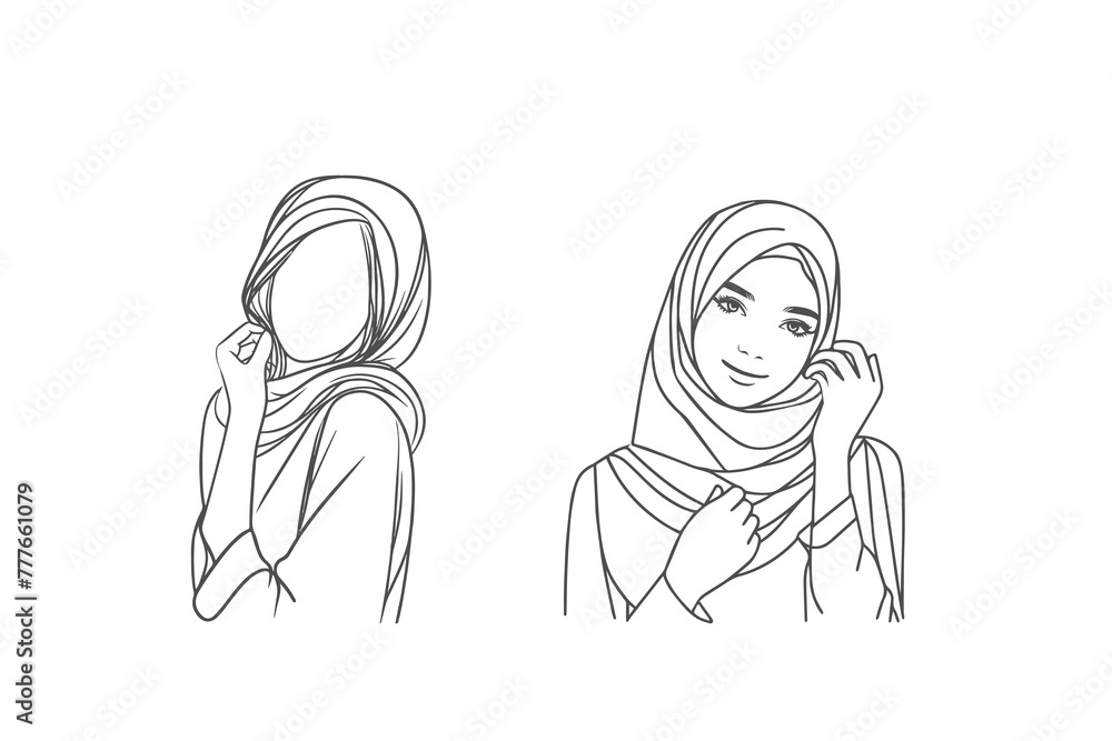 illustration of a woman in hijab modest fashion logo set, beautiful  arabic  Muslim woman in hijab fashion outline vector