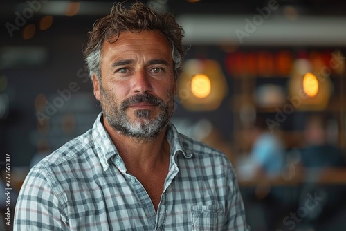 A confident and friendly mature man stands alone in a pub, exuding positivity. photo