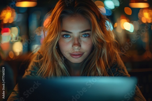 A lovely young blonde woman browses on her laptop, enjoying the night.