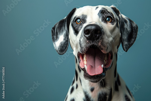 Portrait of a happy dalmatian dog with its tongue out. Created with Ai