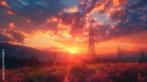 Golden hour paints the sky behind a high voltage electric towe
