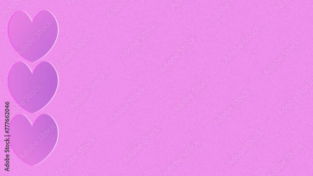 Papel de parede, fundo rosa, banner dia dos namorados, dia das mães, aniversário. Cor-de-rosa, fundo texturizado. Ilustração de três corações verticais à esquerda. Espaço para escrita.