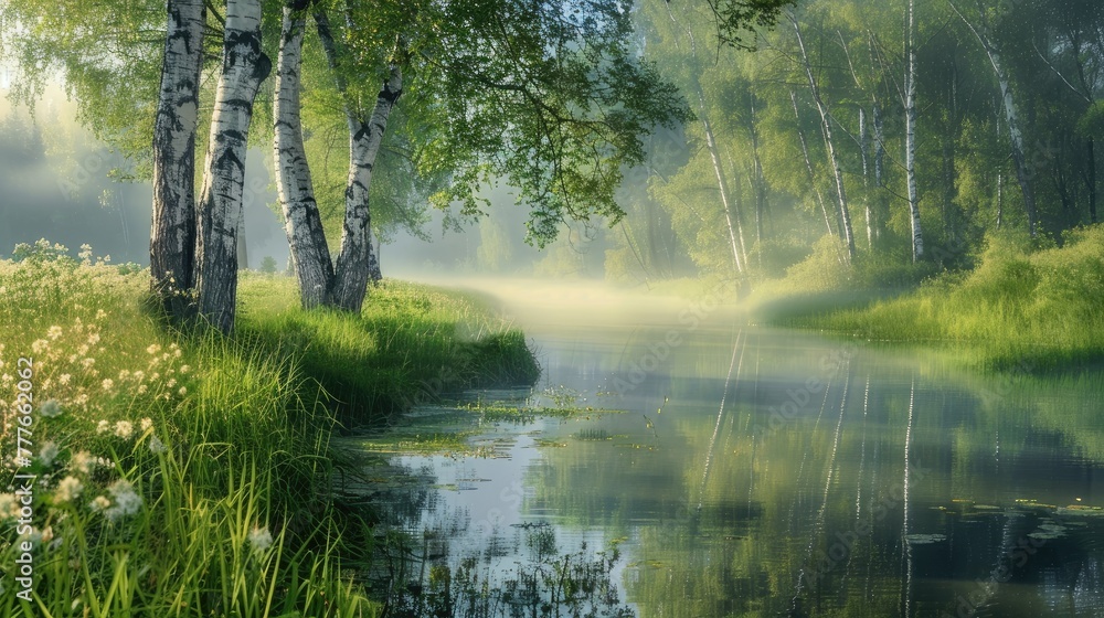a spring meadow draped in mist, with a small river winding through, flanked by elegant birch trees after a refreshing rain shower. a spring meadow draped in mist, with a small river winding through, flanked by elegant birch trees after a refreshing rain shower.