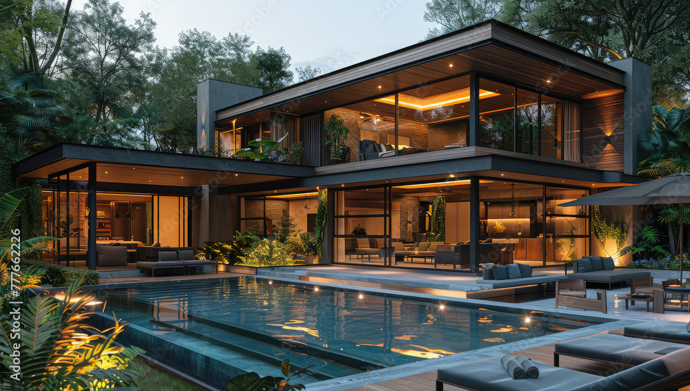 A large, modern house with an outdoor pool and lounge area in the tropical rainforest of Brazilian warm weather, surrounded by lush greenery. Created with Ai - obrazy, fototapety, plakaty 
