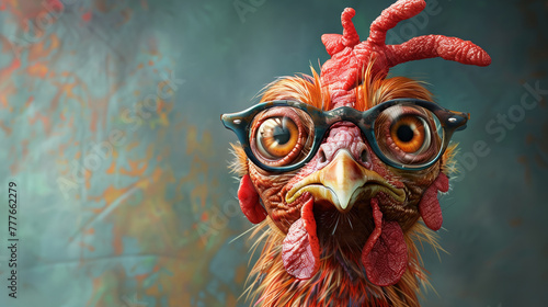 Humorous and exaggerated chicken caricature, fun twist on pet portrait photo