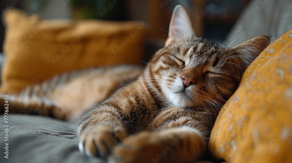 custom made wallpaper toronto digitalA cat is sleeping on a couch. The cat is smiling and has its eyes closed