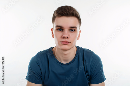 Young Man in Blue Tee Posing with a Neutral Expression