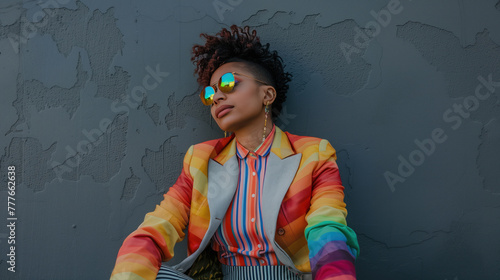 Happy african-american businesswoman, company leader CEO boss executive standing in front of company building. Portrait of a young black transperson isolated on gray wall background. LGBT+ concept.
