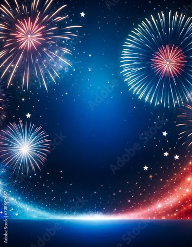 4th of July, USA Independence Day banner in blue, red, and white with stars and fireworks, copy space.