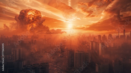 Nuclear explosion in a big city. Fire mushroom cloud. Atomic bomb blast. Apocalypse  world war. AI Generated