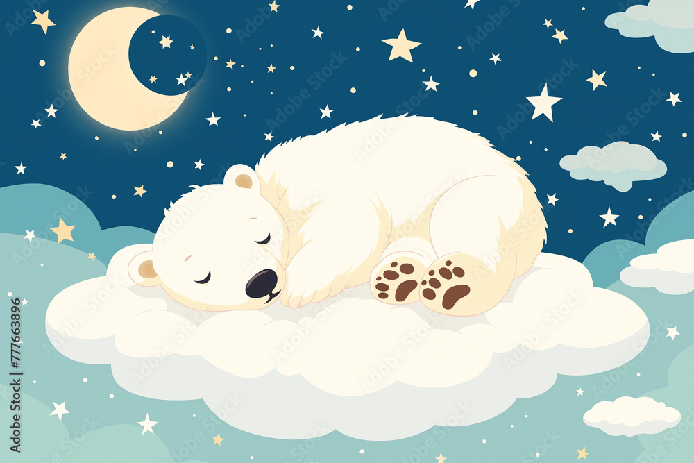Sweet dreams: Cute bear sleeping on fluffy cloud under starry night sky ...