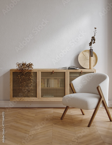 Home interior mock up, cozy modern room with natural wooden furniture, 3d render © artjafara