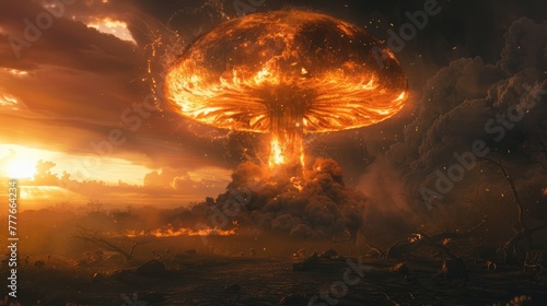 Fire mushroom cloud after nuclear explosion. Atomic bomb blast. Deserted land. Apocalypse, world war. AI Generated