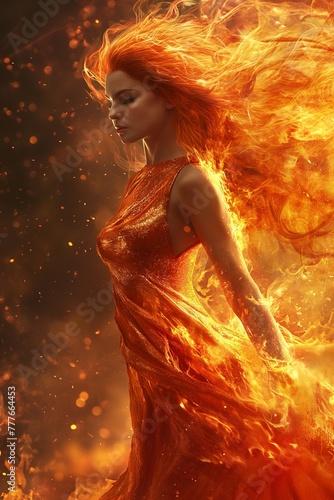 Woman as the element of fire, goddess of fire, flaming dress and hair