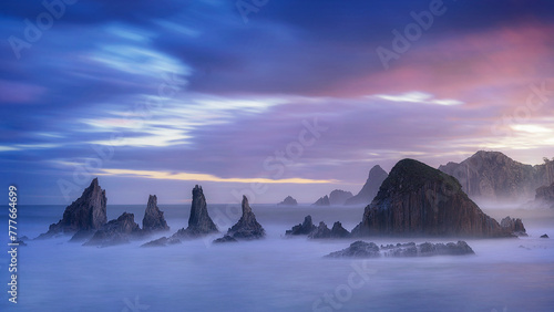 warm sunrise on the beach of Gueirua, Asturias with a dramatic sky and the high tide partially covering the rocks on the shore