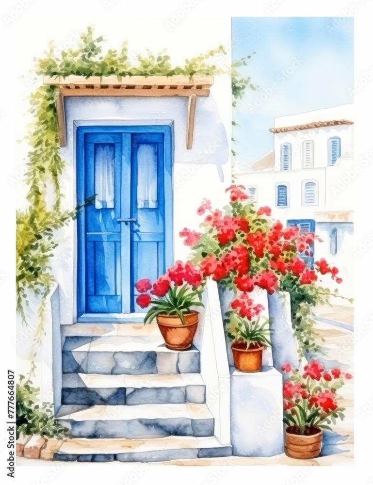 Greek Village Scenery Illustration on white background