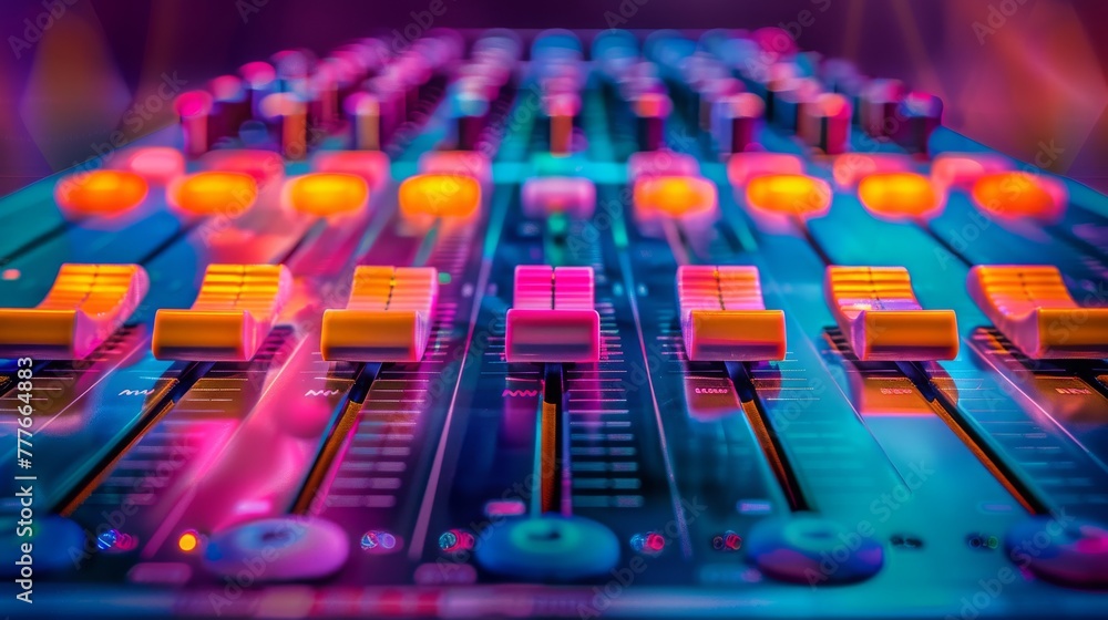 Professional audio mixing console in nightclub. Close up of sound equipment