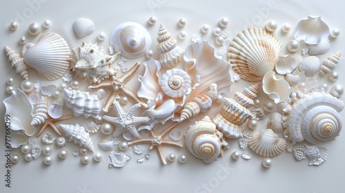 seashells, pearls, and beads meticulously arranged to form an intricate pattern, evoking the serene ambiance of the ocean bottom in a detailed and realistic texture.