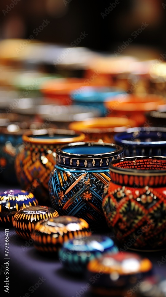 Many vibrant bowls displayed on a table Many vibrant bowls displayed on a table