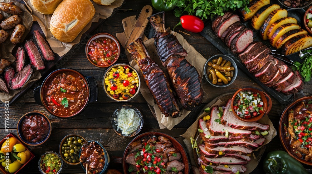 Barbecue spread under Texan banner outdoors