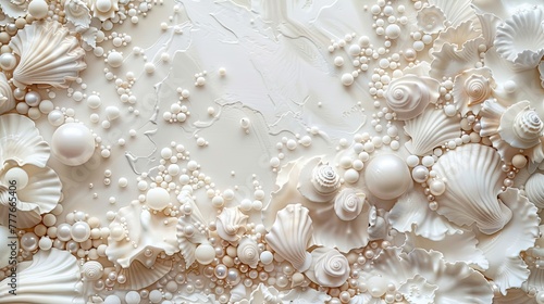seashells, pearls, and beads meticulously arranged to form an intricate pattern, evoking the serene ambiance of the ocean bottom in a detailed and realistic texture.