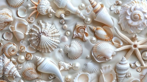 seashells, pearls, and beads meticulously arranged to form an intricate pattern, evoking the serene ambiance of the ocean bottom in a detailed and realistic texture.