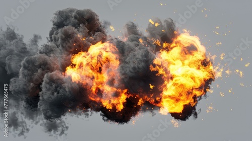 Isolated fireball with smoke and fire as fiery explosion on grey background photo