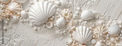 seashells, pearls, and beads meticulously arranged to form an intricate pattern, evoking the serene ambiance of the ocean bottom in a detailed and realistic texture.