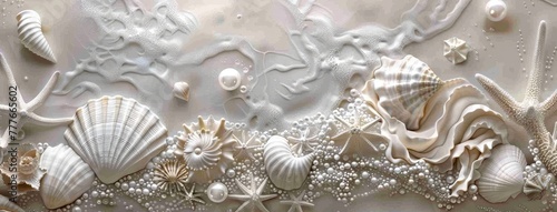 seashells, pearls, and beads meticulously arranged to form an intricate pattern, evoking the serene ambiance of the ocean bottom in a detailed and realistic texture.