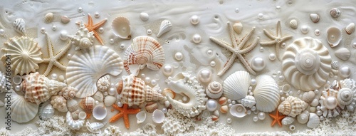 seashells, pearls, and beads meticulously arranged to form an intricate pattern, evoking the serene ambiance of the ocean bottom in a detailed and realistic texture.