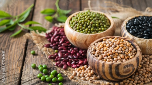 Assorted Beans, Peas, and Vegetables on Wooden Table