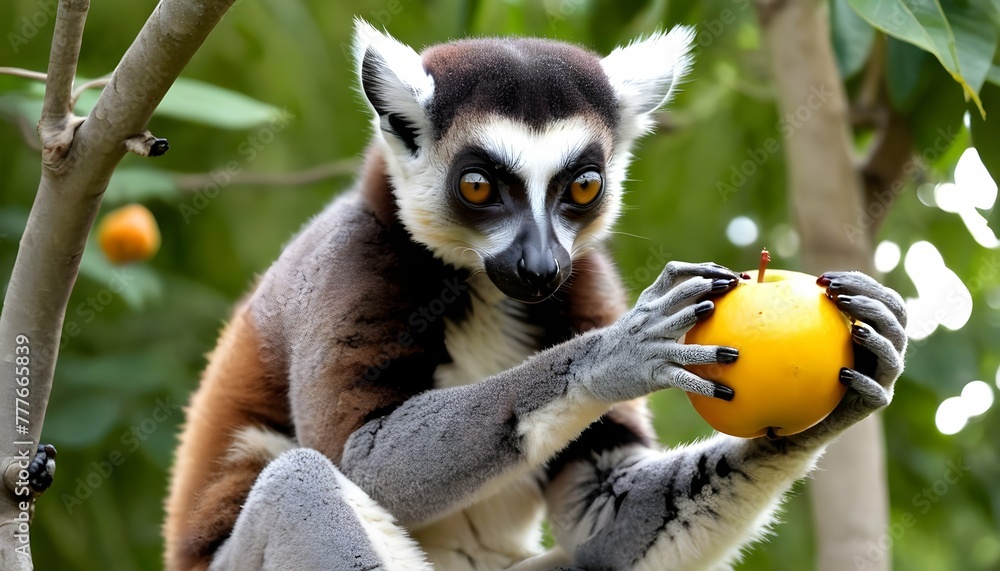 Naklejka premium A-Lemur-Eating-Fruit-From-A-Tree-Using-Its-Hands-