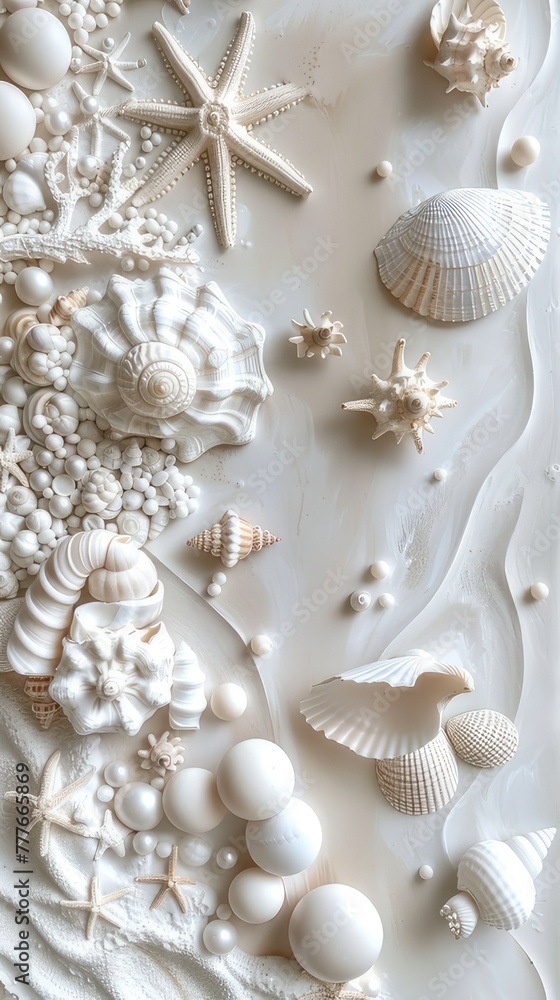 seashells, pearls, and beads meticulously arranged to form an intricate pattern, evoking the serene ambiance of the ocean bottom in a detailed and realistic texture.