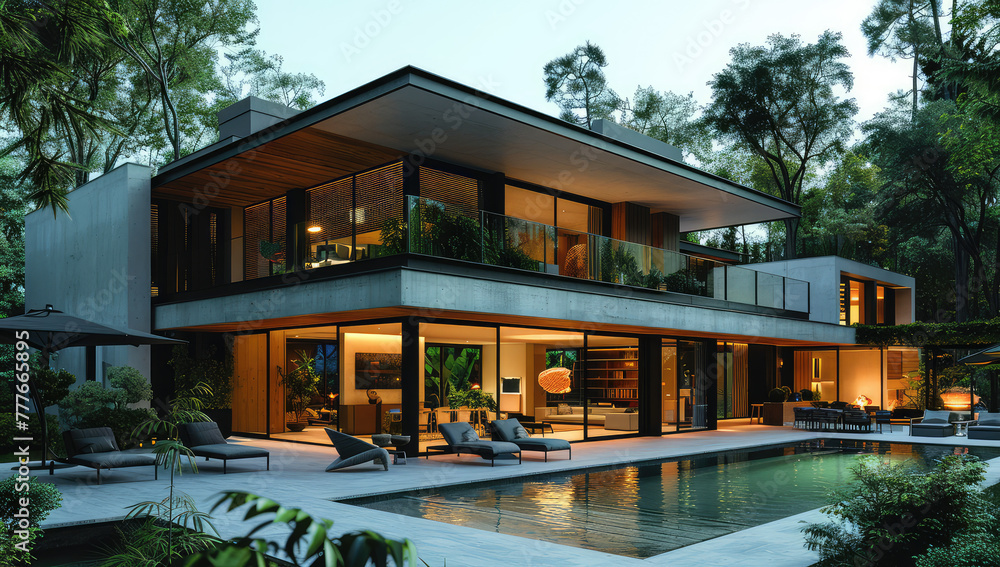 A sleek, modern house with large glass windows and an outdoor pool area nestled in the lush greenery of South America's Amazon rainforest. Created with Ai