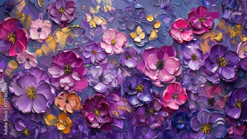 Vivid purple and gold oil-painted flowers with bright butterfly backdrop. Stunning floral illustration for nature lovers
