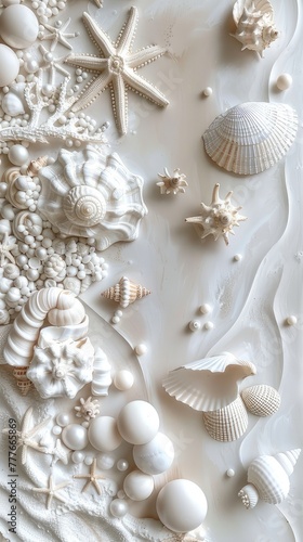 seashells, pearls, and beads meticulously arranged to form an intricate pattern, evoking the serene ambiance of the ocean bottom in a detailed and realistic texture.