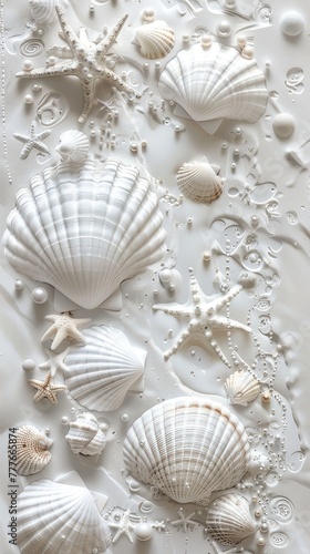 seashells, pearls, and beads meticulously arranged to form an intricate pattern, evoking the serene ambiance of the ocean bottom in a detailed and realistic texture.