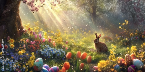 A rabbit is nestled among the flowers in a meadow surrounded by lush green grass and beautiful natural landscape in a forest AIG42E © Summit Art Creations