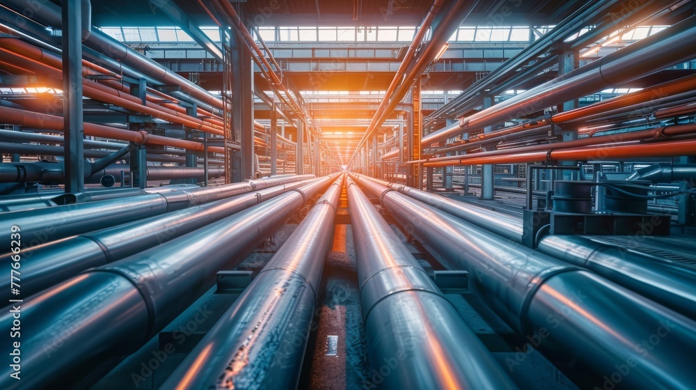 Industrial zone, Steel pipelines and cables in blue tones. Industrial background Industrial zone, Steel pipelines and cables in blue tones. Industrial background