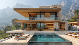 A modern house with an outdoor pool and rocks, set against the backdrop of mountainous terrain in the style of Randa Mankaro. Created with Ai