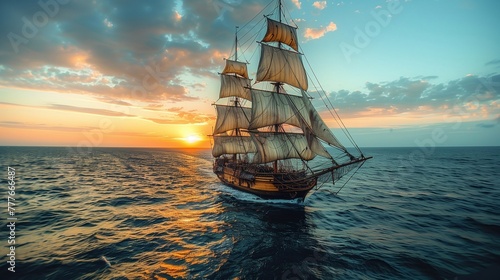 A medieval sailing ship at sea © Nataliia